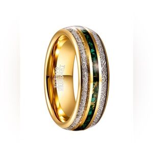 A45. 8mm Golden Tungsten Carbide Ring Green Malachite & Imitated Meteorite Inlay